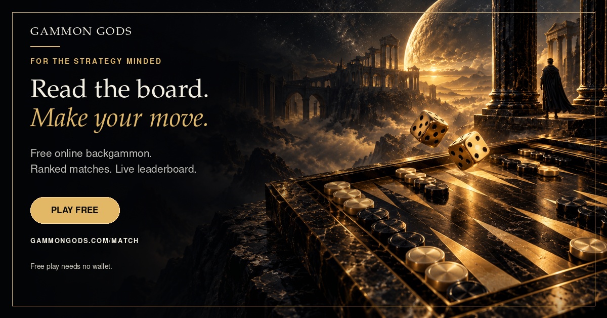 Gammon Gods — Read the board. Make your move. Free online backgammon, ranked matches and a live leaderboard. Free play needs no wallet.